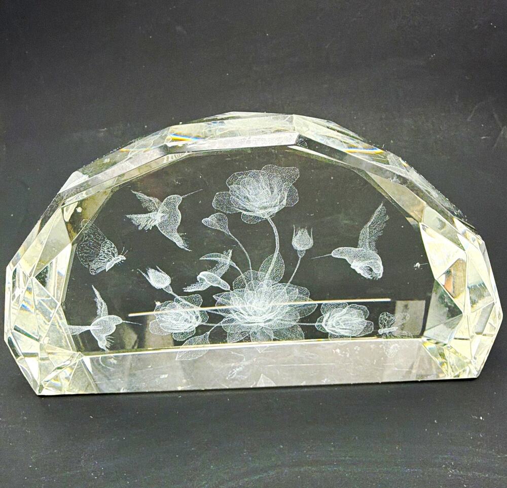 Faceted Clear Glass Figurine Floral Etched Flowers Glossy Decorative Sculpture